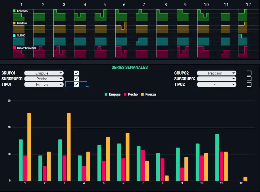 Gráficos que muestran el progreso de una coaching con un entrenador personal online de Calistenia.