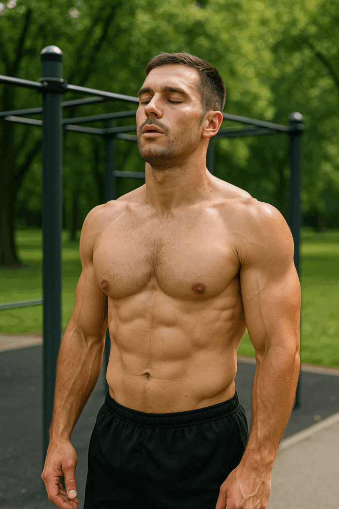 Hombre haciendo una respiración profunda para maximizar los resultados de la fuerza y resistencia con ejercicios de calistenia.