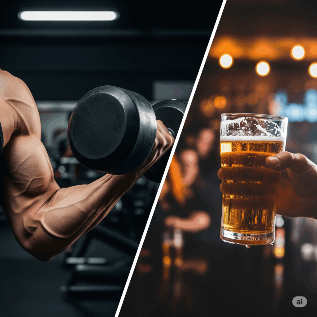 Contraste de una cerveza y una pesa. Identificando como el alcohol puede afectar al crecimiento muscular.