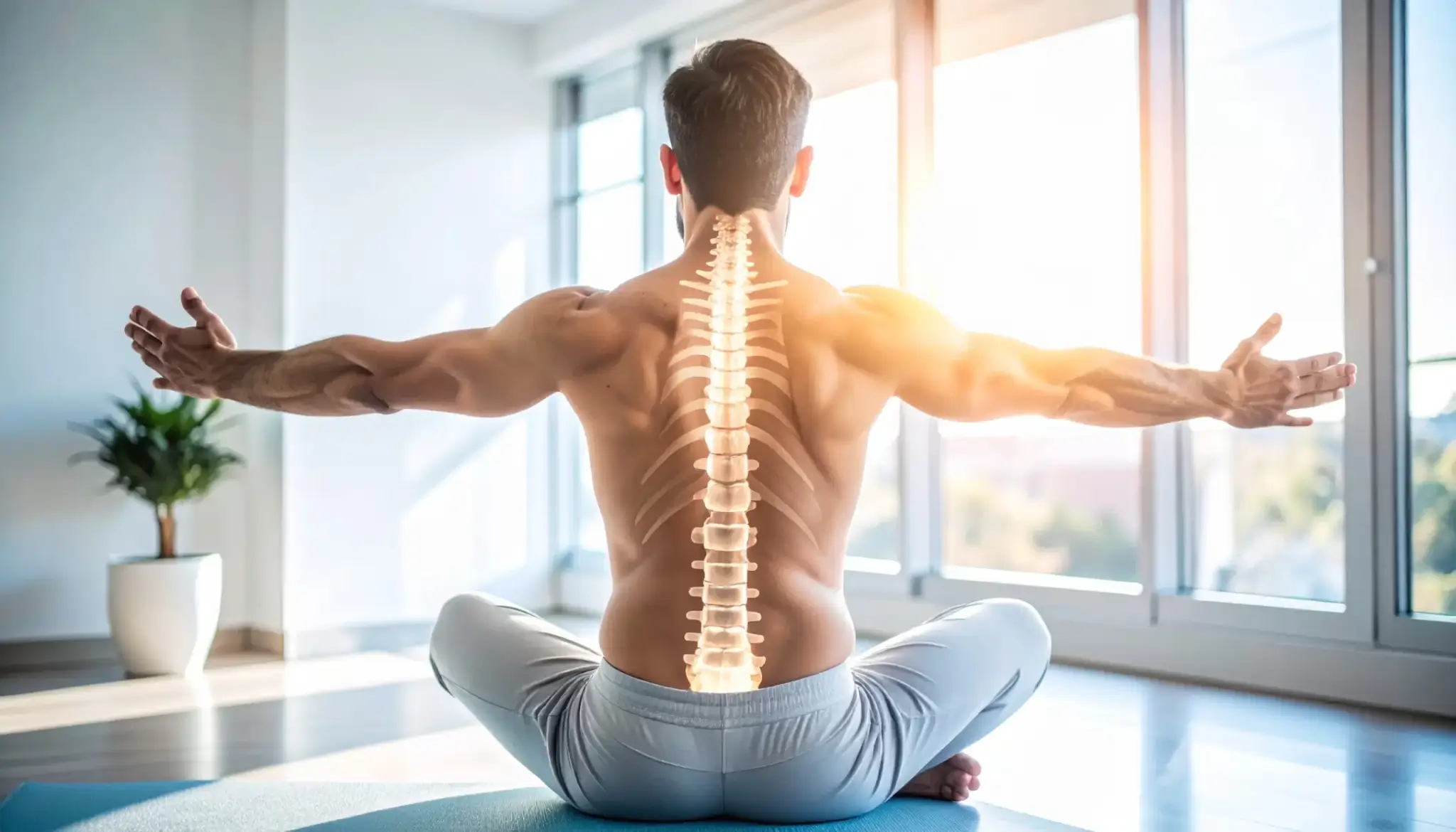 Hombre entrenando la espalda baja con la vista de la columna vertebral